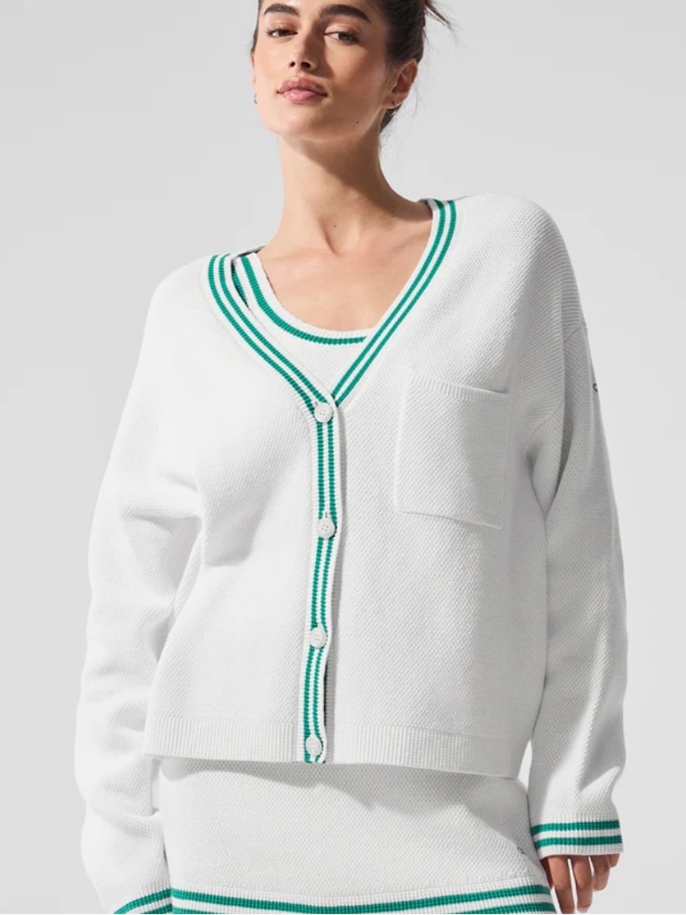 ALO White V-Neck Button Cardigan with Green Stripe Trim